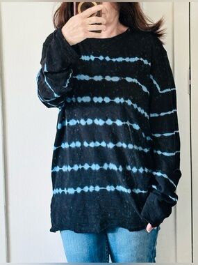 ATM Tie Dye Long Sleeve Tee Black Blue Cotton Relaxed Fit Top S